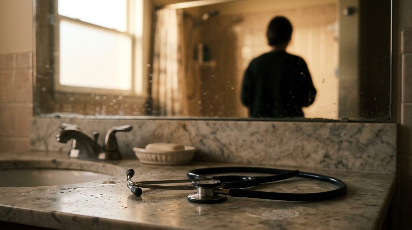 Miroir de salle de bain avec stéthoscope posé sur le lavabo