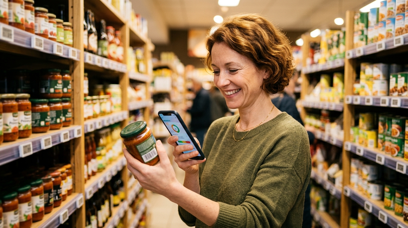 Femme scannant un produit avec l'application Yuka