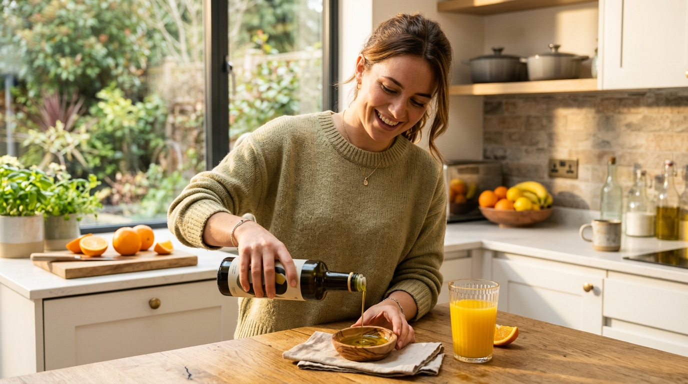Huile d'olive et jus d'orange dans une cuisine lumineuse