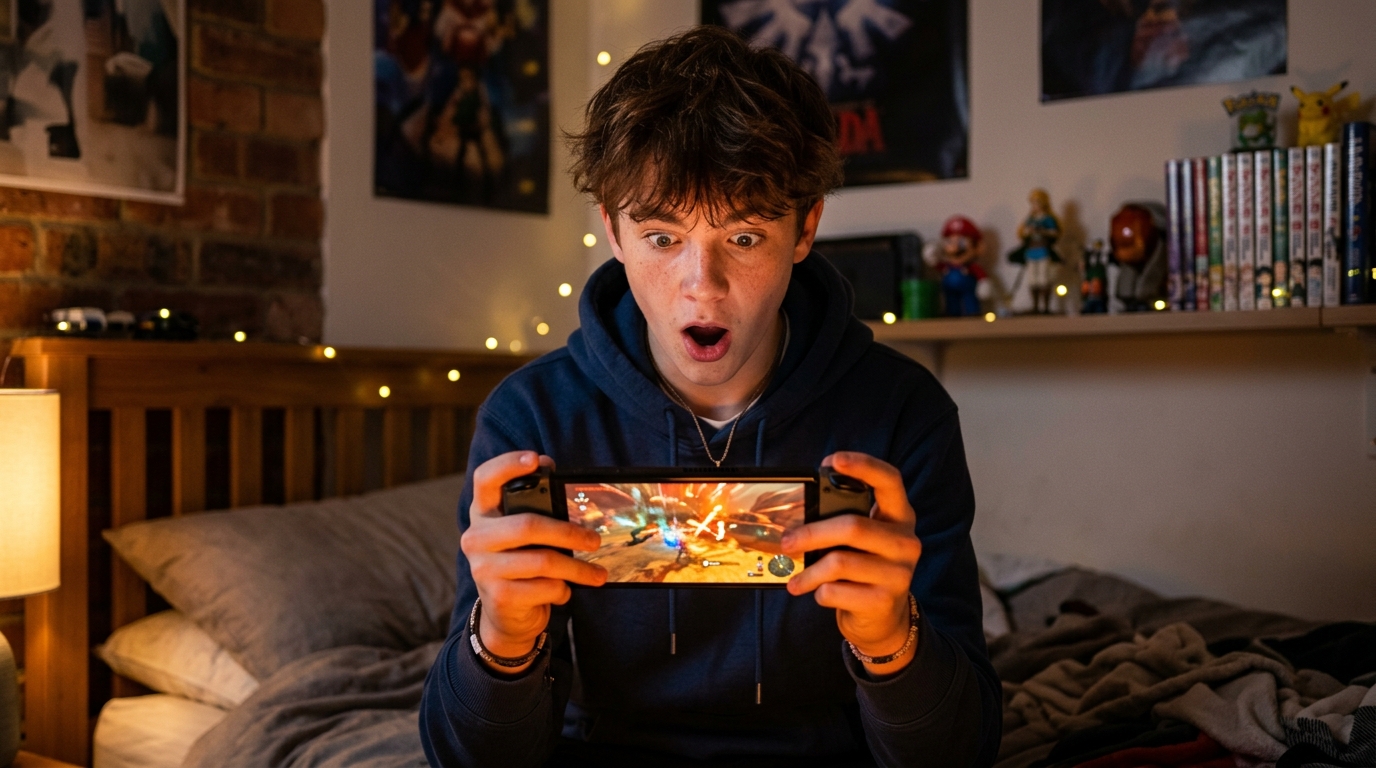 Adolescent stupéfait devant l'écran de la console