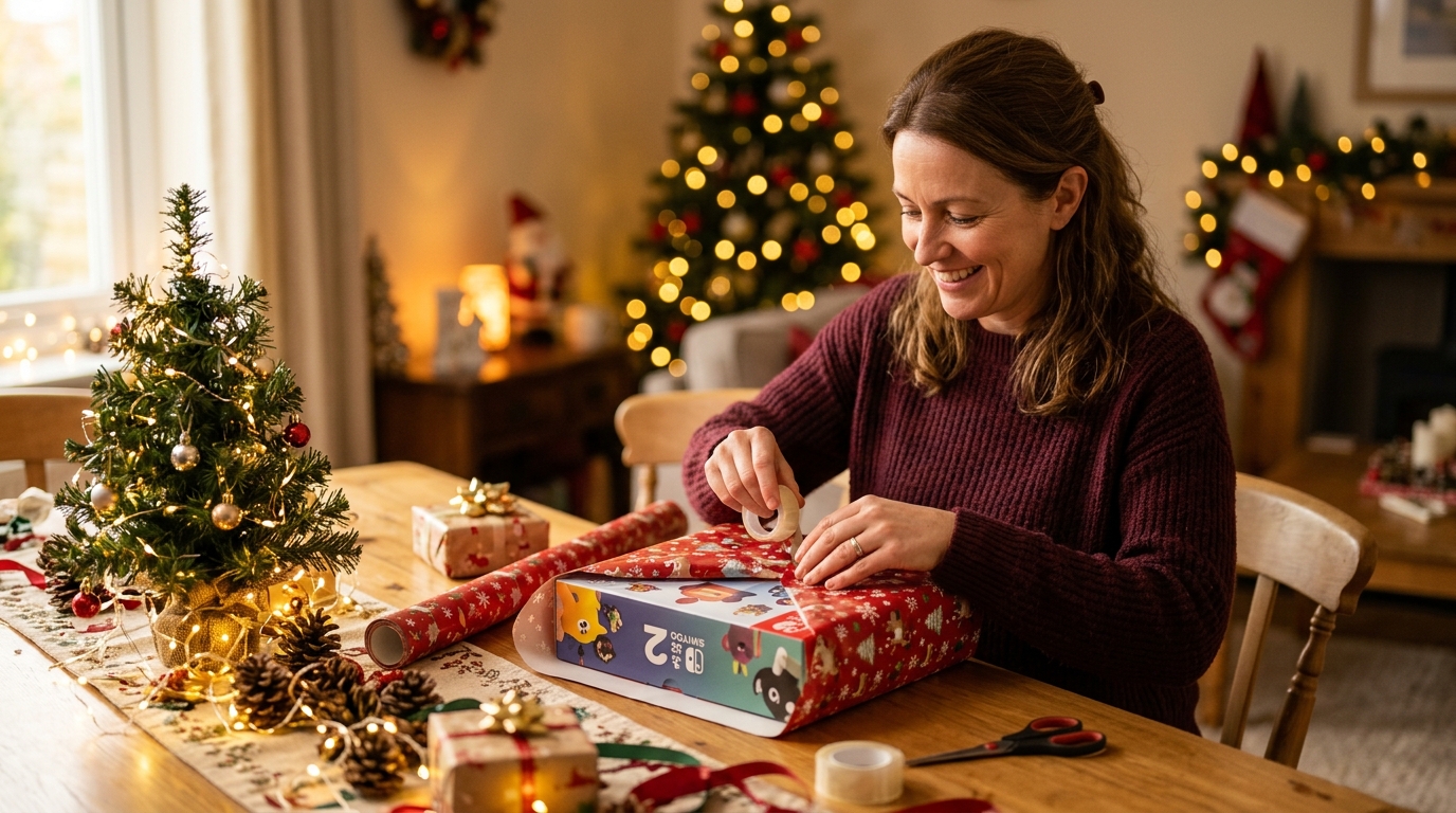 Maman emballe le jeu Zelda pour Noël