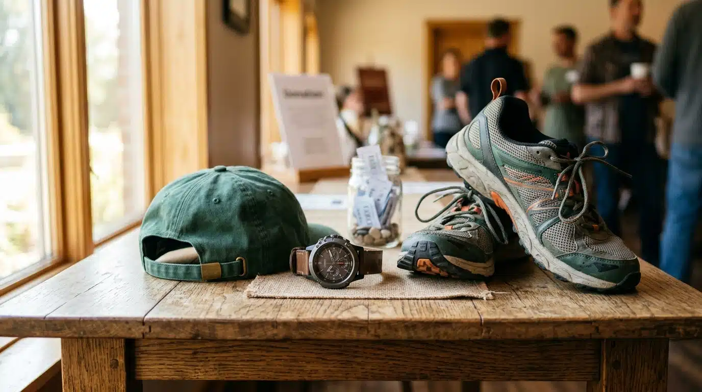 Montre, chaussures et casquette de trail sur une table
