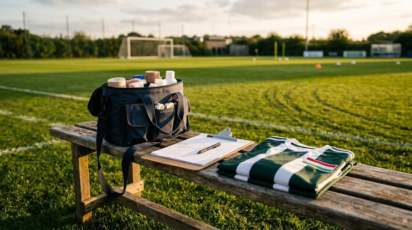 Sac médical et maillot posés sur un banc d'entraînement