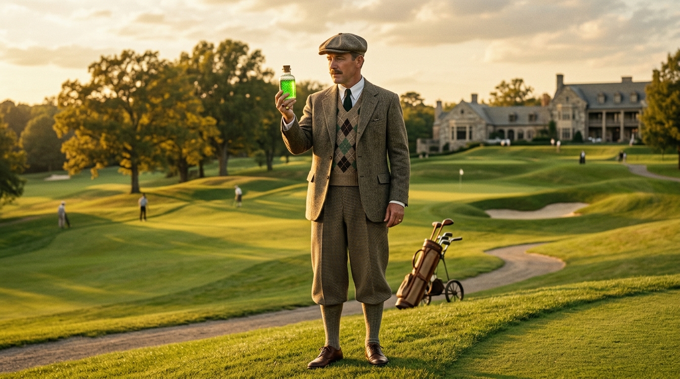 Golfeur des années 1920 tenant une fiole d'eau radioactive