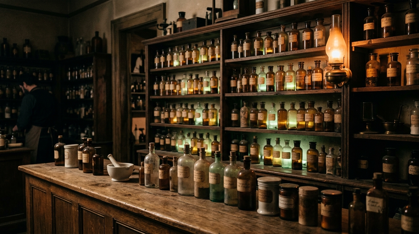 Étagère de pharmacie ancienne remplie de flacons de toniques