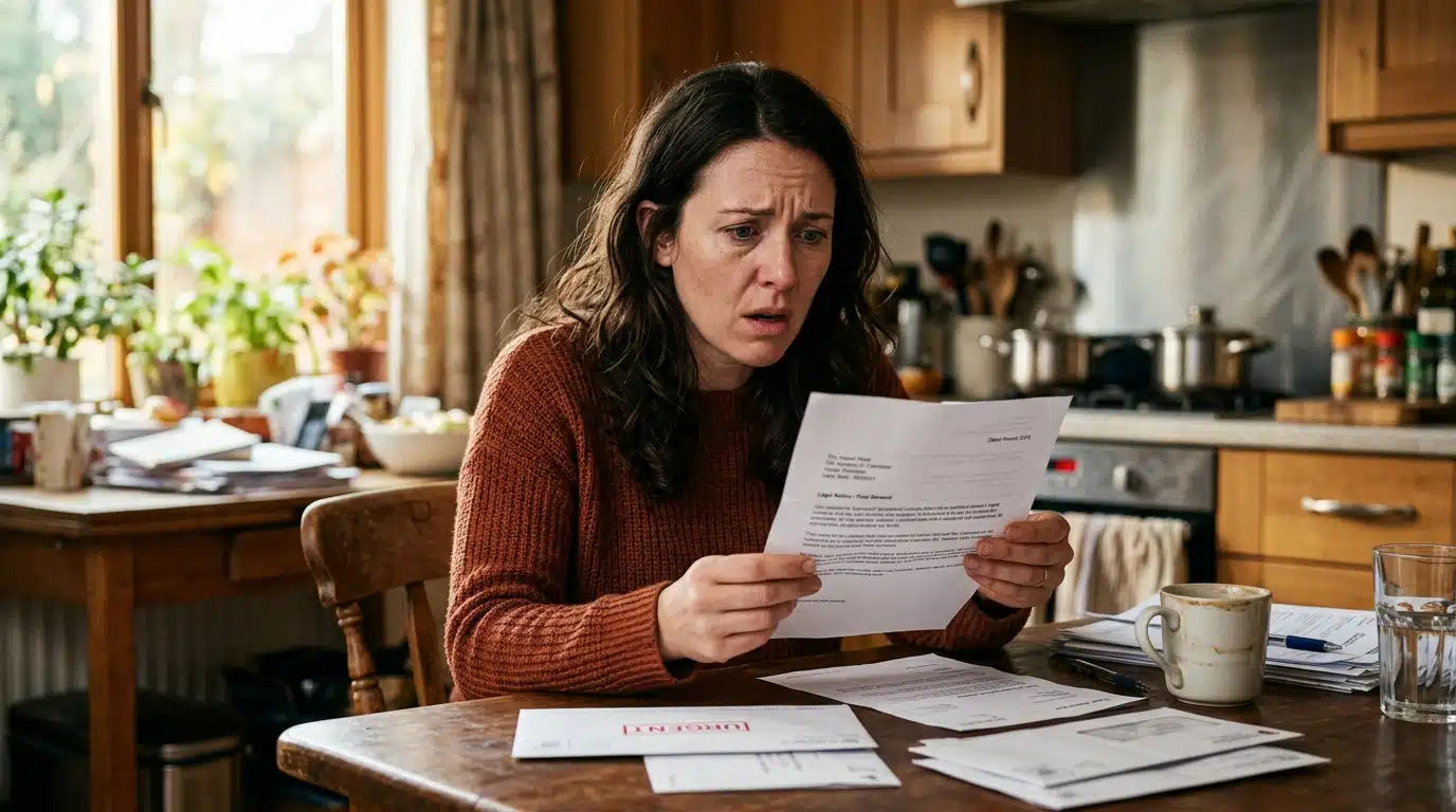 Femme inquiète lisant un courrier à sa table