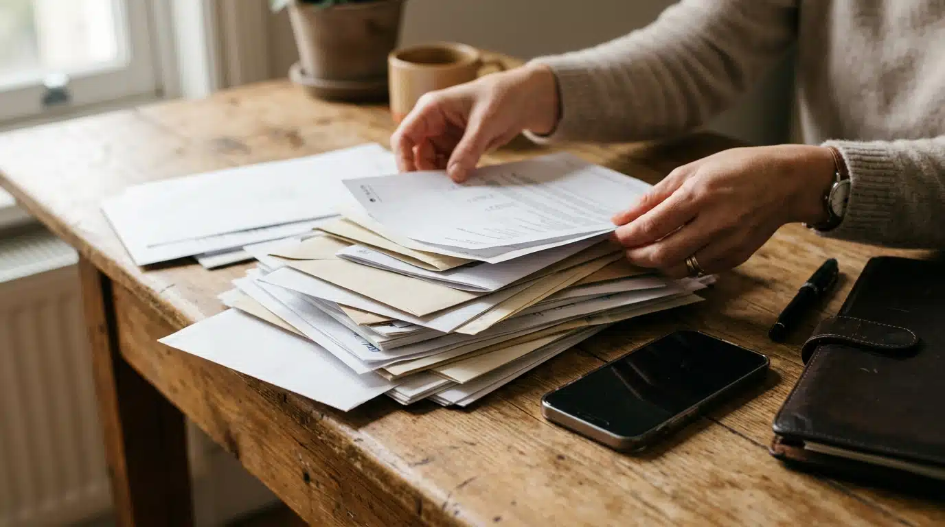 Mains triant des relevés et courriers sur un bureau