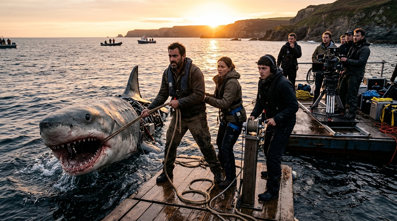 Équipe de tournage autour d'un requin mécanique au coucher du soleil