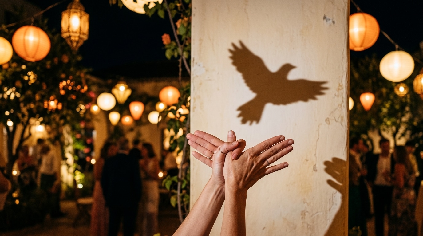 Mains formant une ombre d'oiseau sur un mur éclairé
