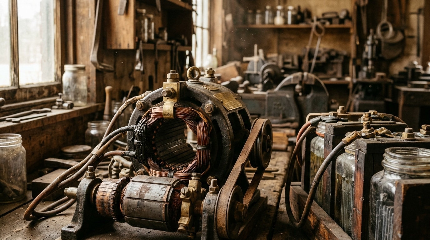 Moteur électrique et batteries d'un atelier ancien de 1890