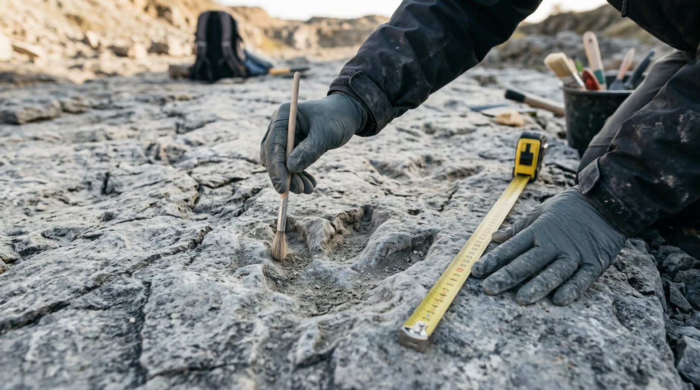 Mains de chercheur nettoyant une piste fossile calcaire