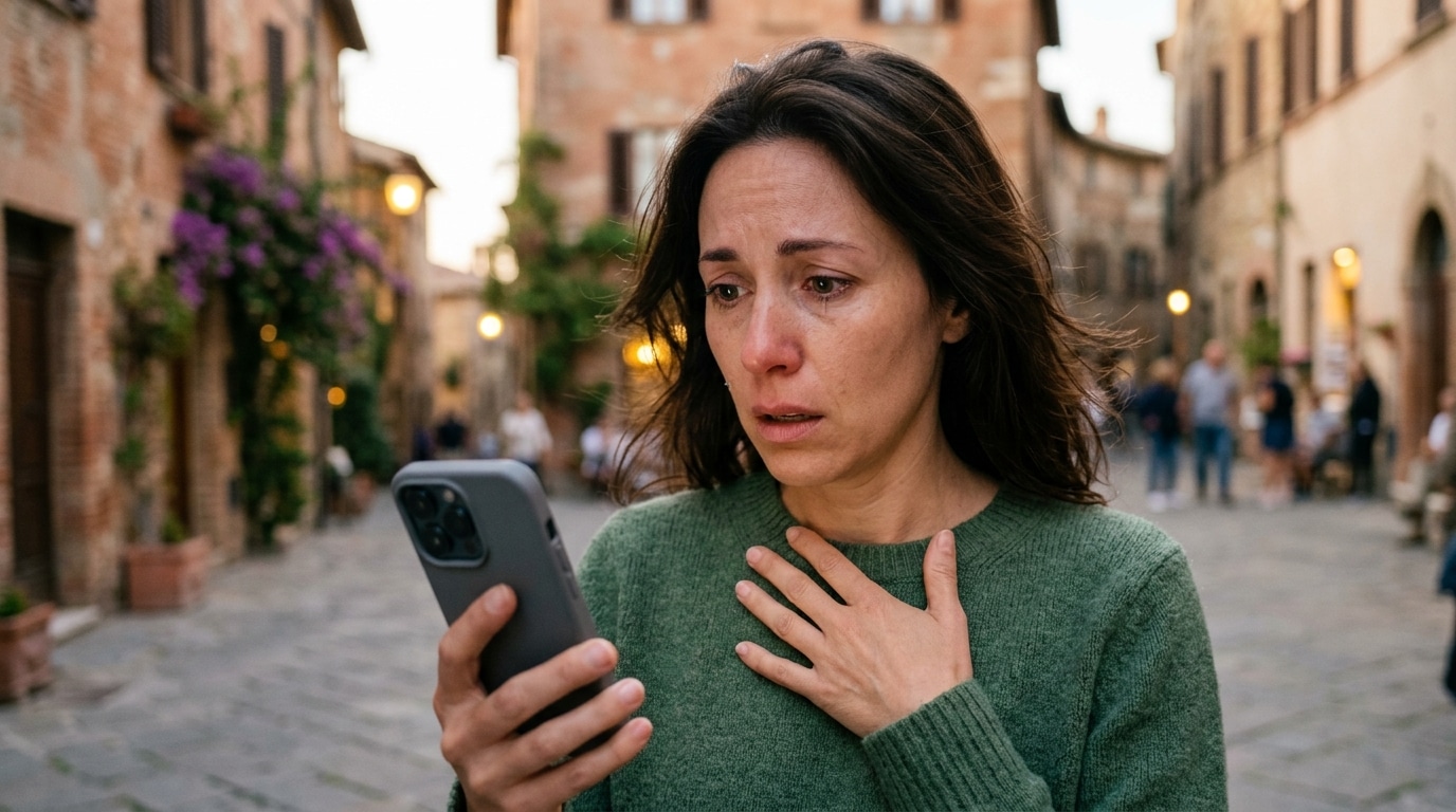 Femme sidérée tenant un smartphone dans un village