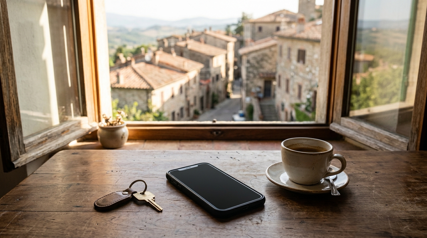 Smartphone oublié sur une table de cuisine en bois