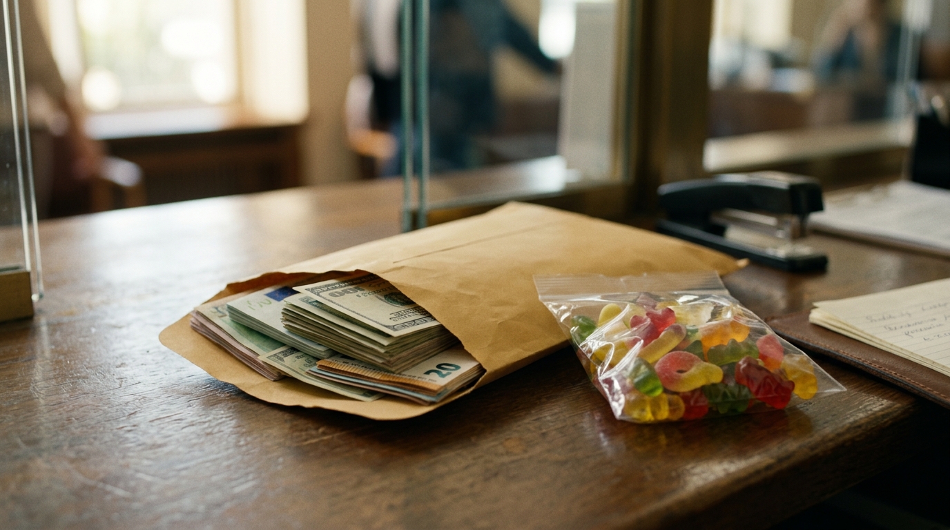 Enveloppe de billets et sachet de bonbons sur comptoir