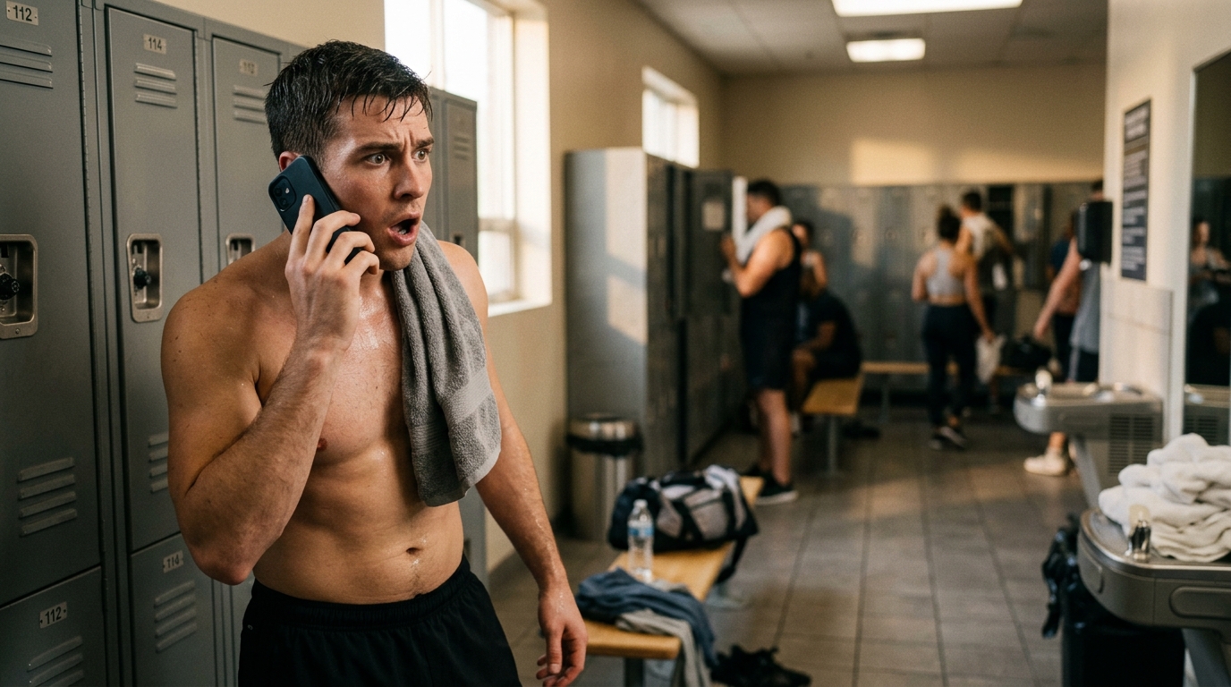 Jeune homme au téléphone dans un vestiaire, stupéfait