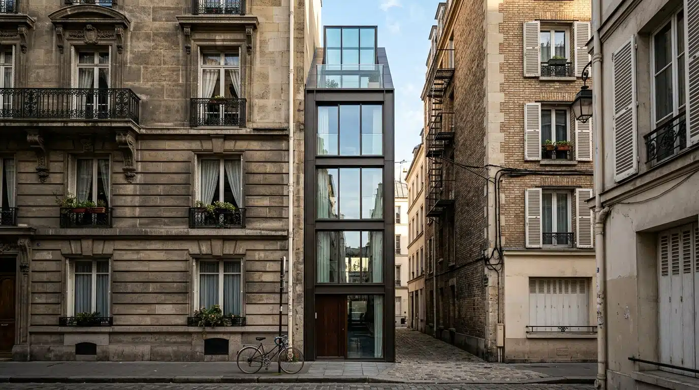 Maison très étroite coincée entre deux immeubles anciens