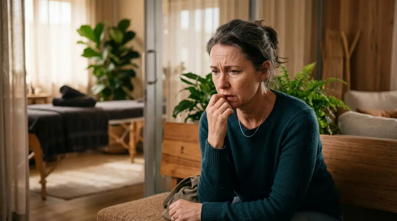 Femme inquiète dans une salle d'attente de cabinet de soins