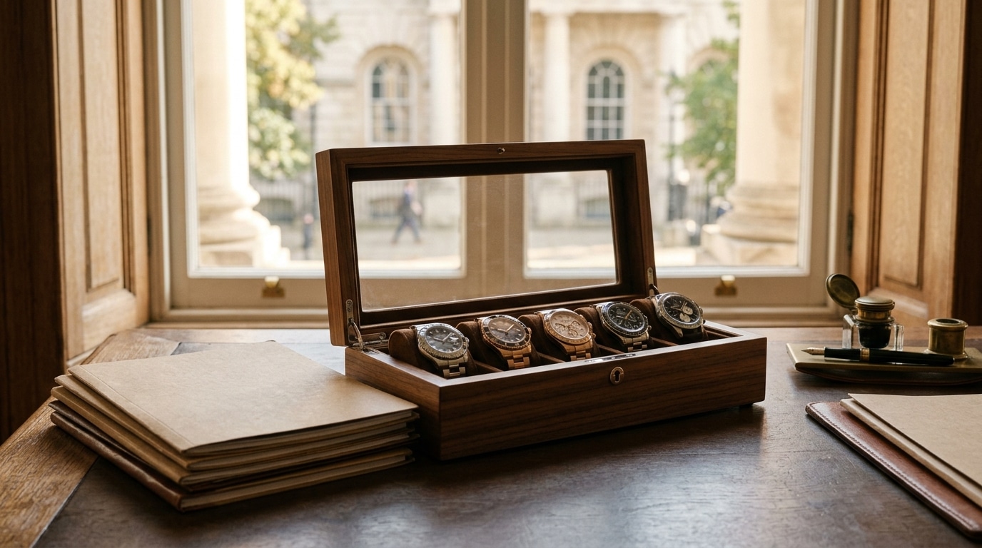 Collection de montres de luxe à côté de dossiers fermés