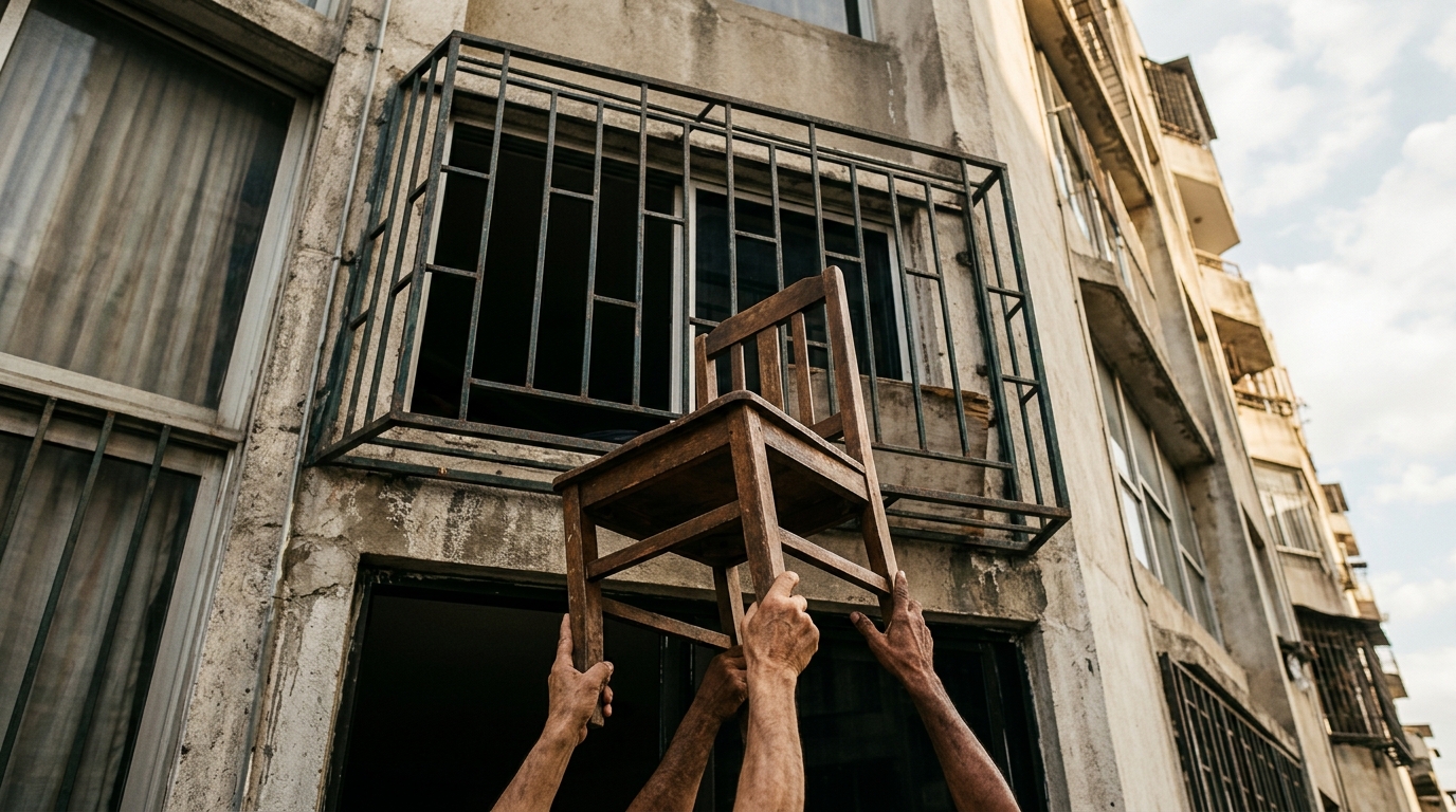 Mains tenant une chaise sous une grille de fenêtre en hauteur