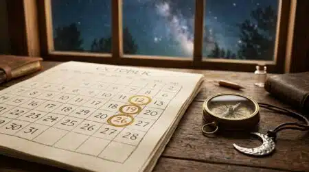 Calendrier papier avec trois dates entourées et pendentif lune