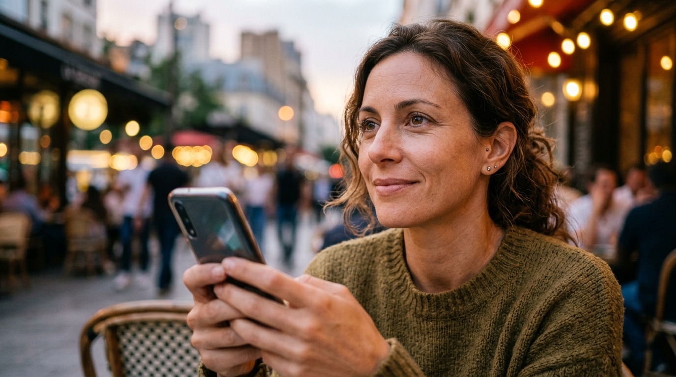 Personne souriante tenant un téléphone dans la lumière du soir