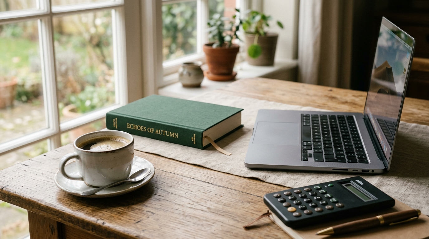 Bureau avec calculatrice, livre fermé et ordinateur portable