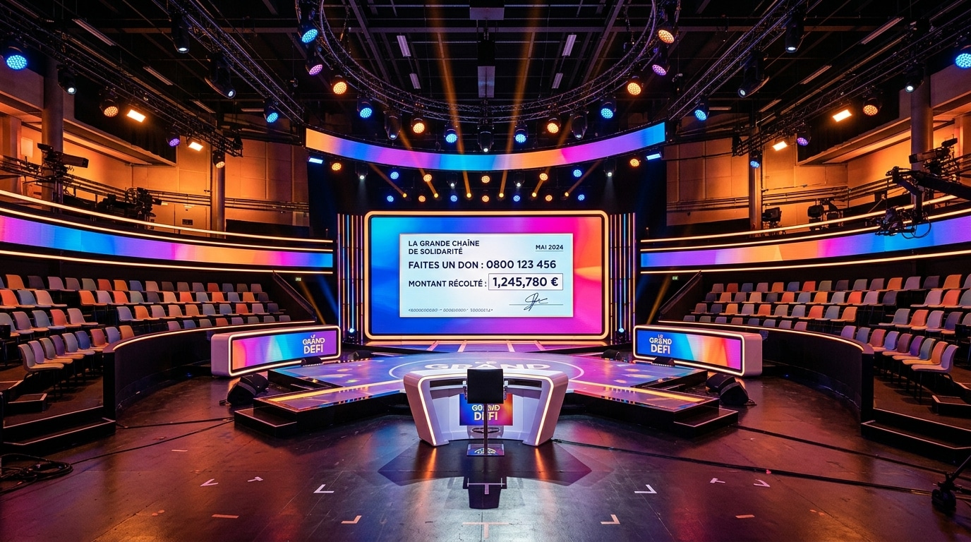 Plateau de jeu télévisé lumineux et chèque symbolique