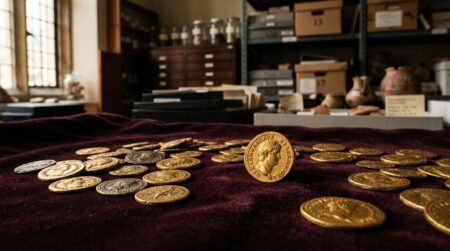 Pièces d'or romaines sur velours sombre dans une réserve de musée