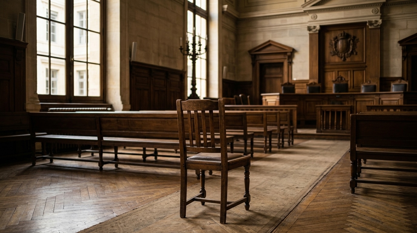 Chaise vide au premier plan d'une salle d'audience