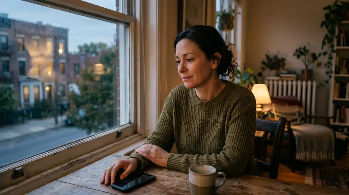 Femme pensive seule près d'une fenêtre au crépuscule