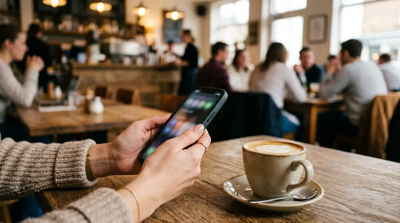 Mains tenant un téléphone dans un café animé