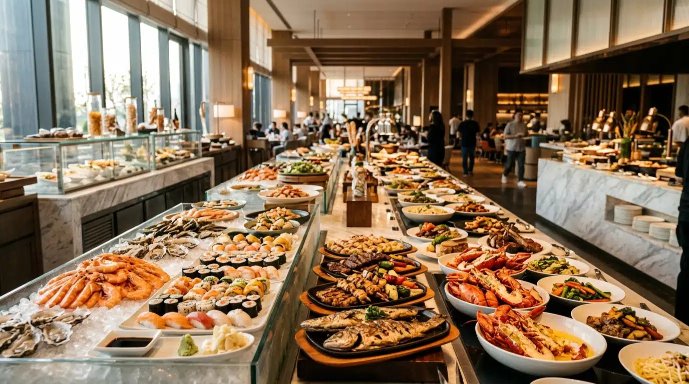 Immense comptoir de buffet garni de plats variés