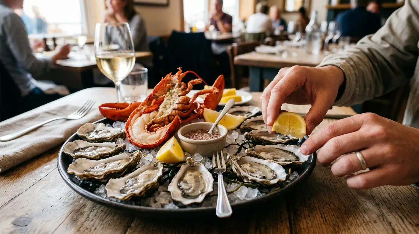 Assiette d'huîtres et de homard sur glace pilée