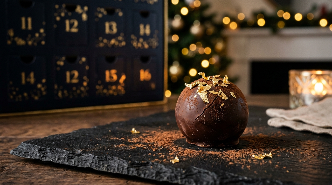 Truffe au chocolat noir ornée de feuille d'or devant un coffret de luxe