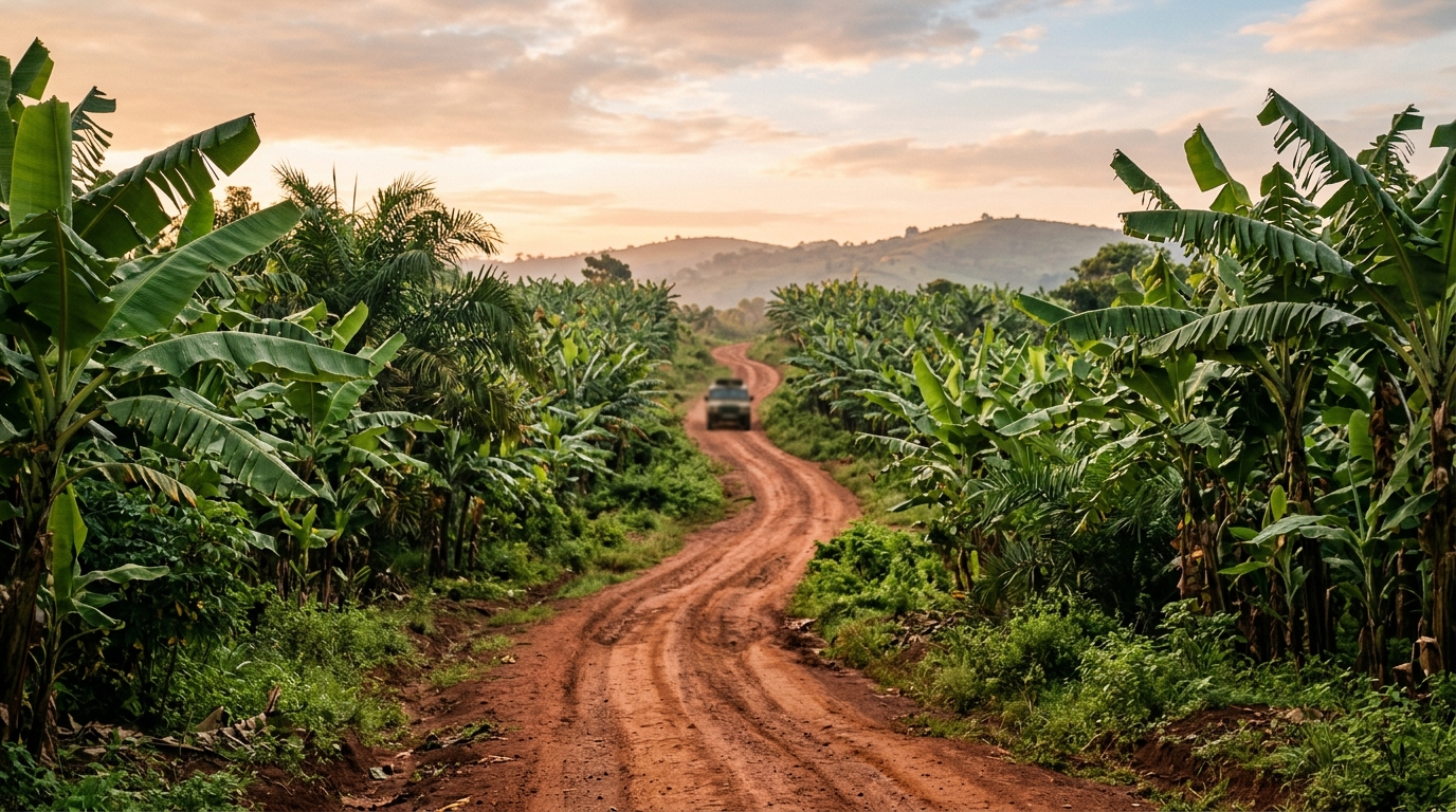 Route de terre rouge au petit matin en Ouganda