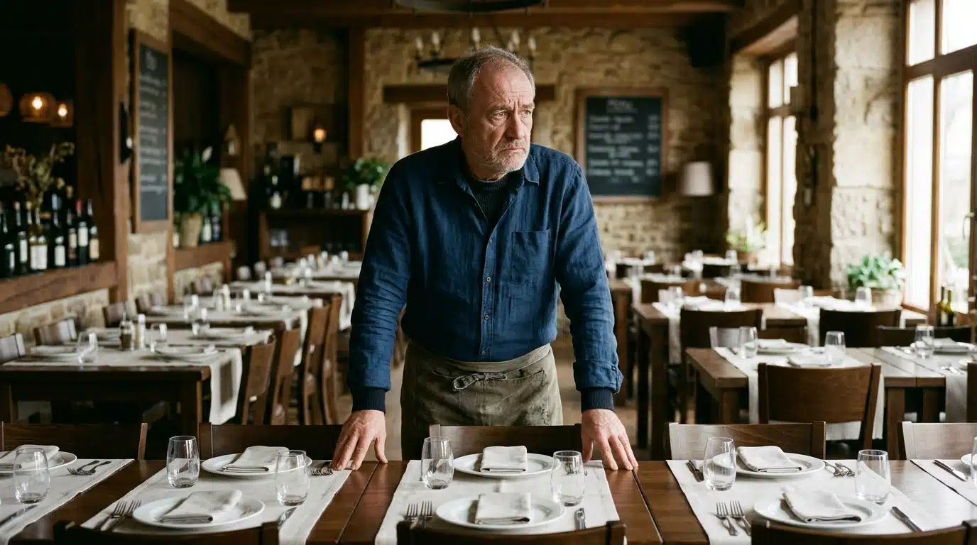 Restaurateur déçu devant une grande table vide