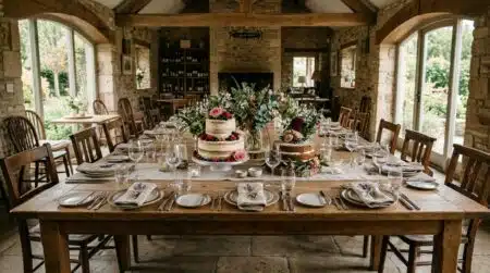 Longue table dressée pour seize avec deux gâteaux