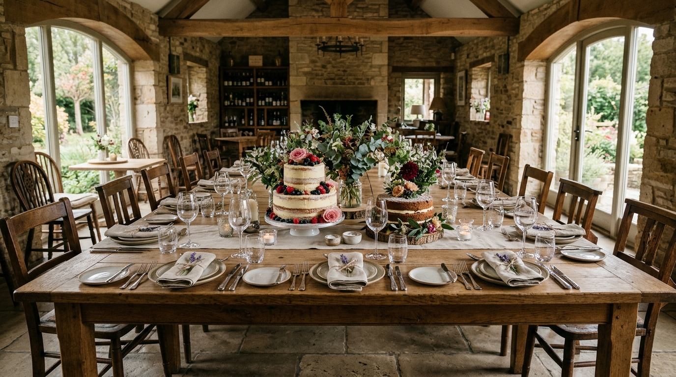 Longue table dressée pour seize avec deux gâteaux
