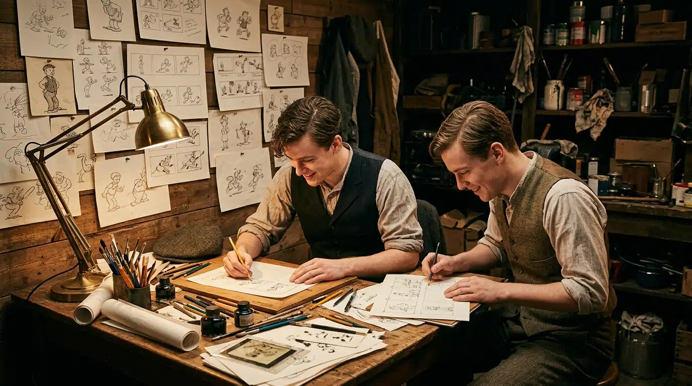 Deux frères dessinent dans un garage-studio des années 1920