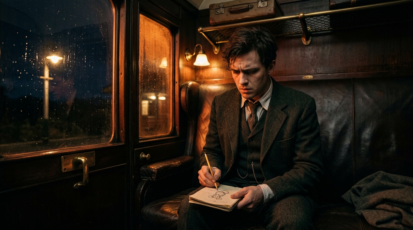 Un jeune homme dessine une souris dans un train