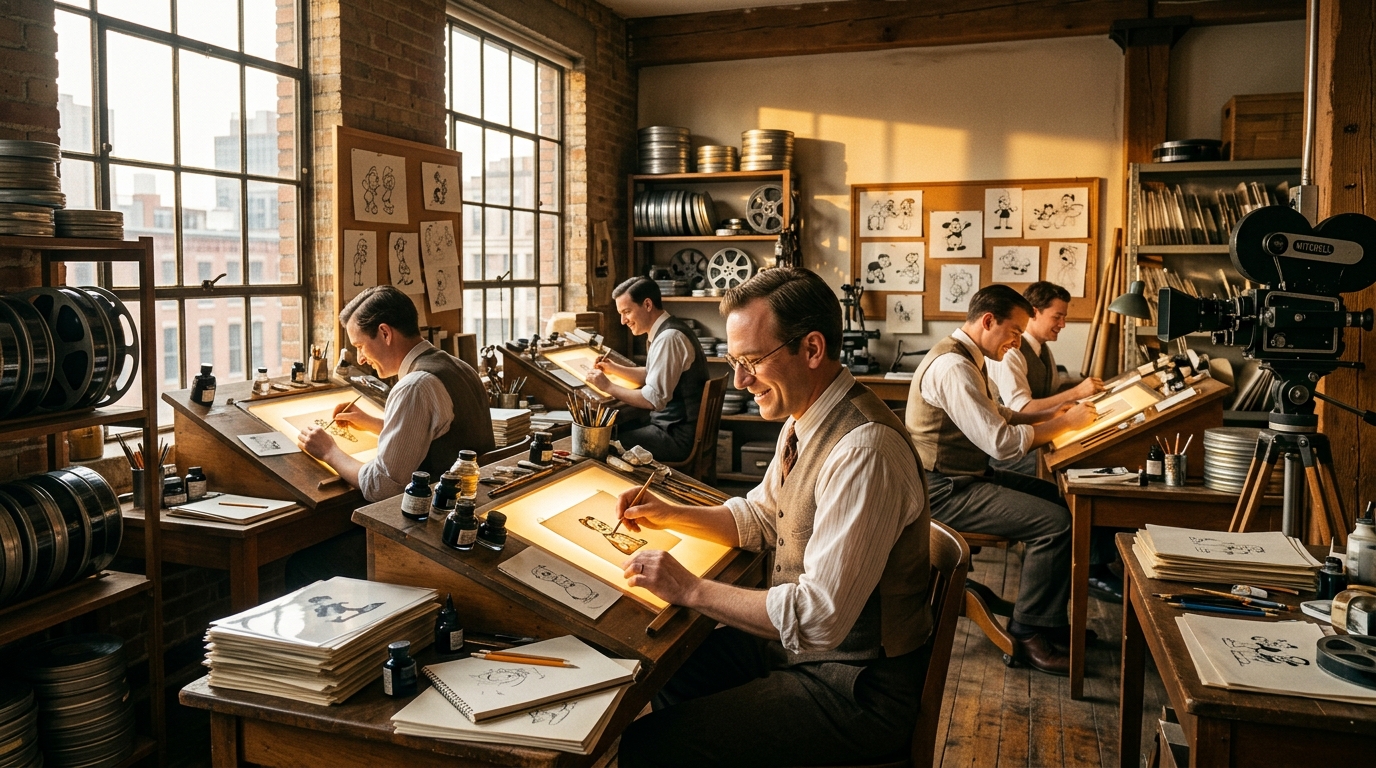 Animateurs au travail dans un studio des années 1920