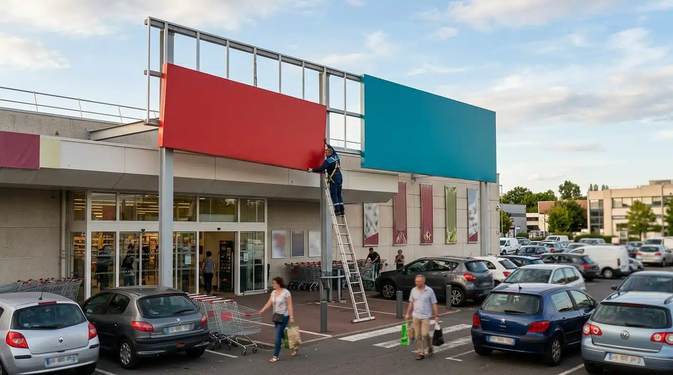 Ouvrier remplaçant le panneau d'une façade de supermarché