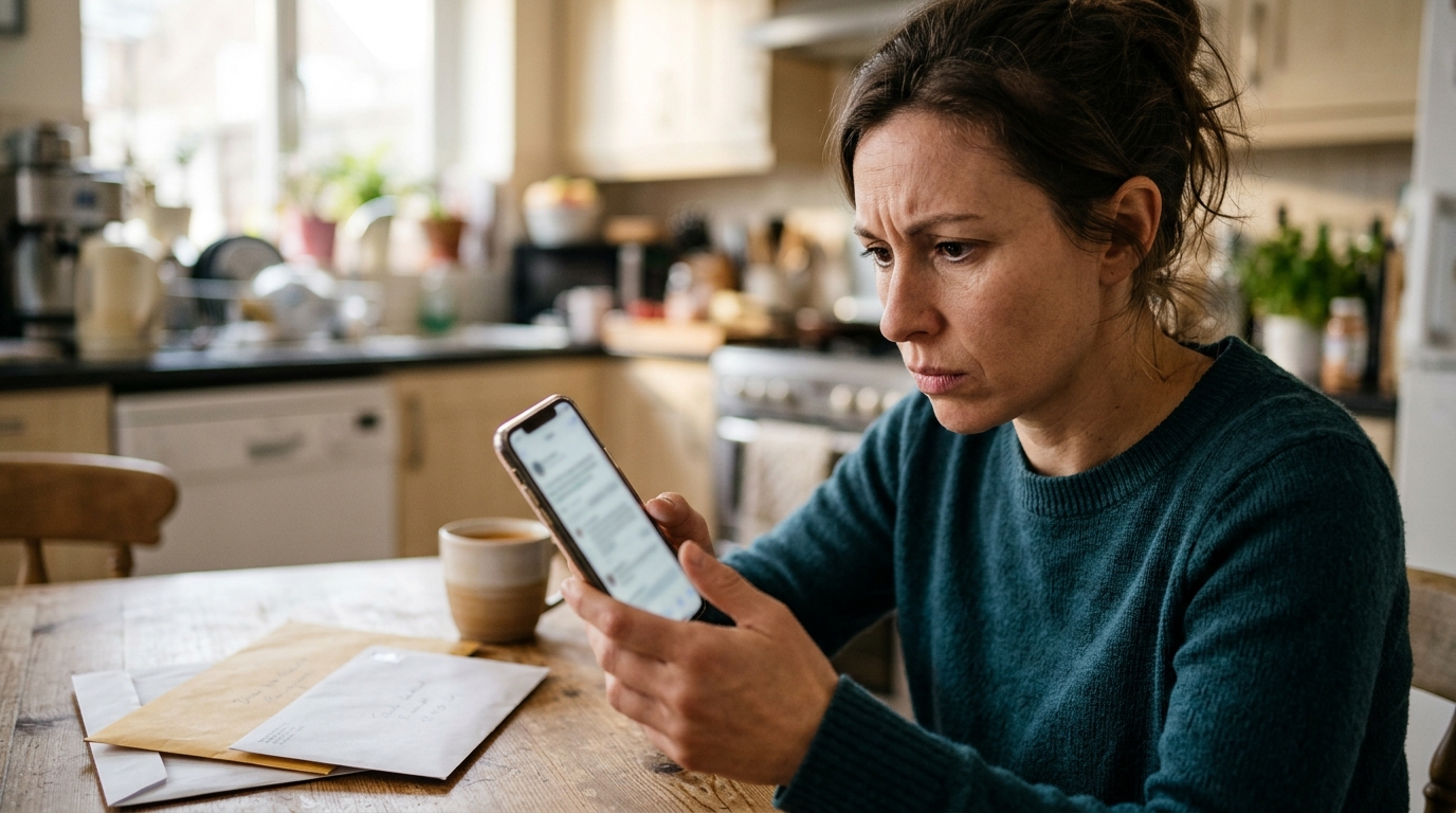 Femme inquiète devant son smartphone à la table de cuisine
