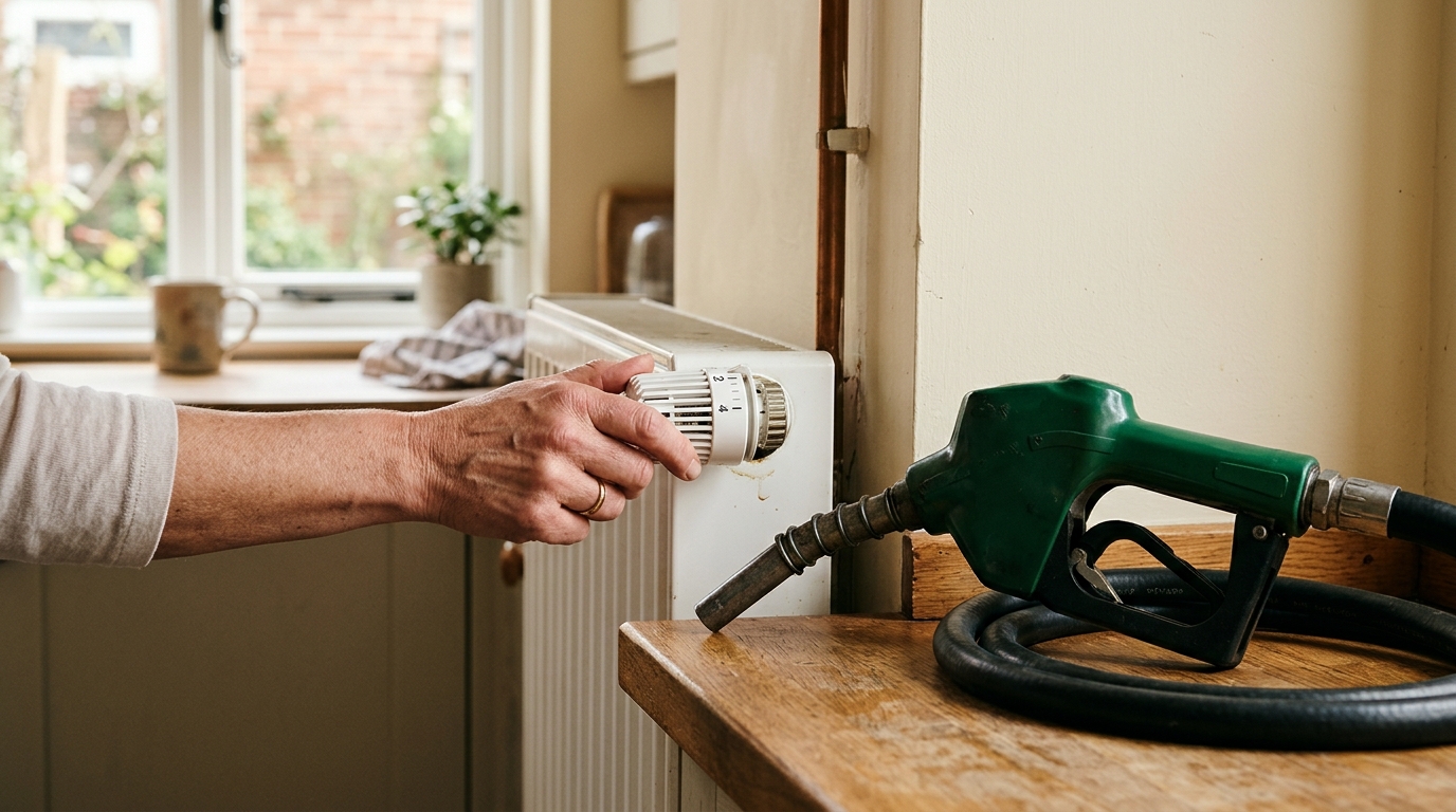 Main sur un thermostat de radiateur et pistolet de carburant
