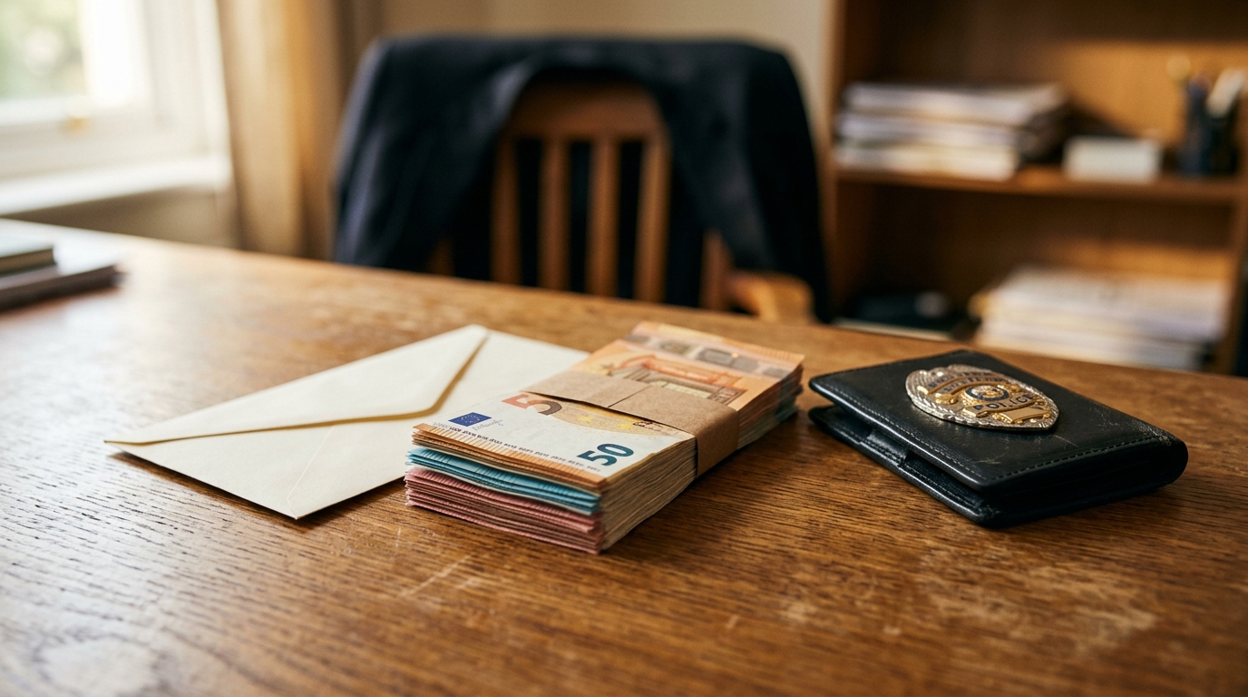Liasse de billets et étui de badge sur un bureau