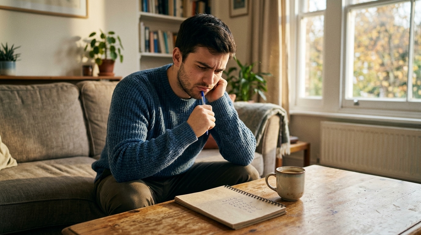 Homme perplexe devant un calcul griffonné sur un carnet