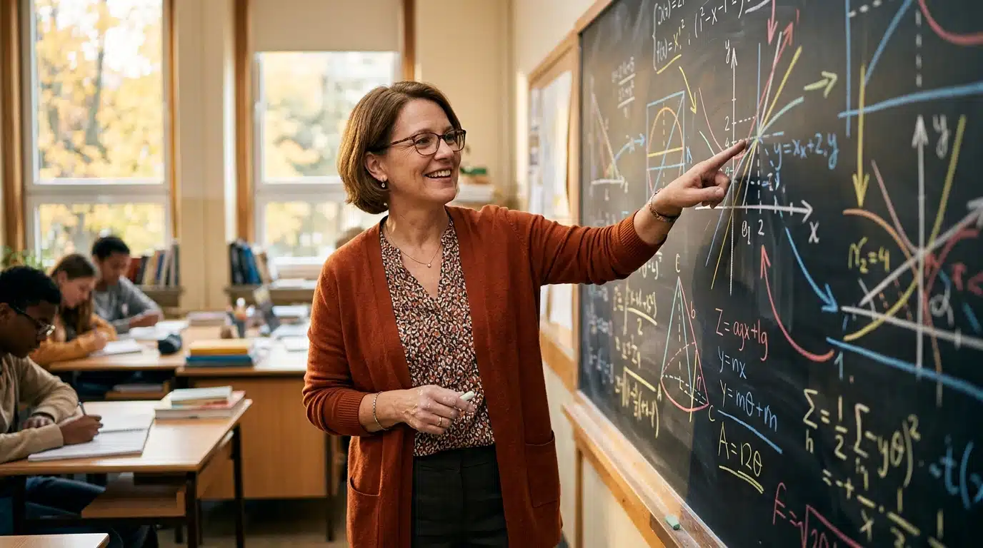 Professeur de maths souriant devant un tableau de craie