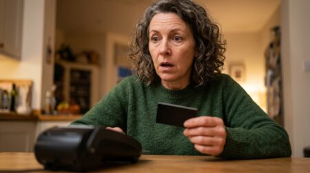 Femme stupéfaite tenant une carte bancaire chez elle