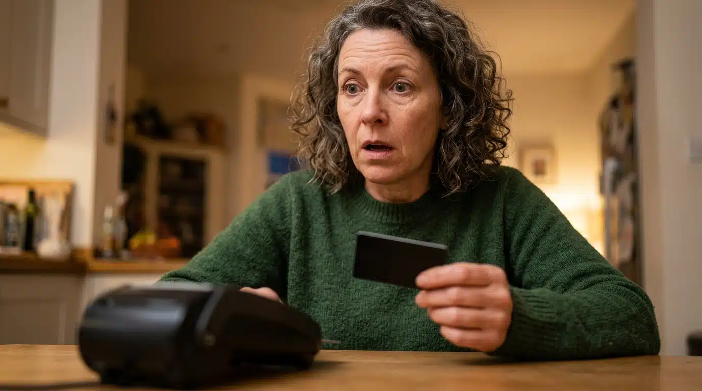 Femme stupéfaite tenant une carte bancaire chez elle