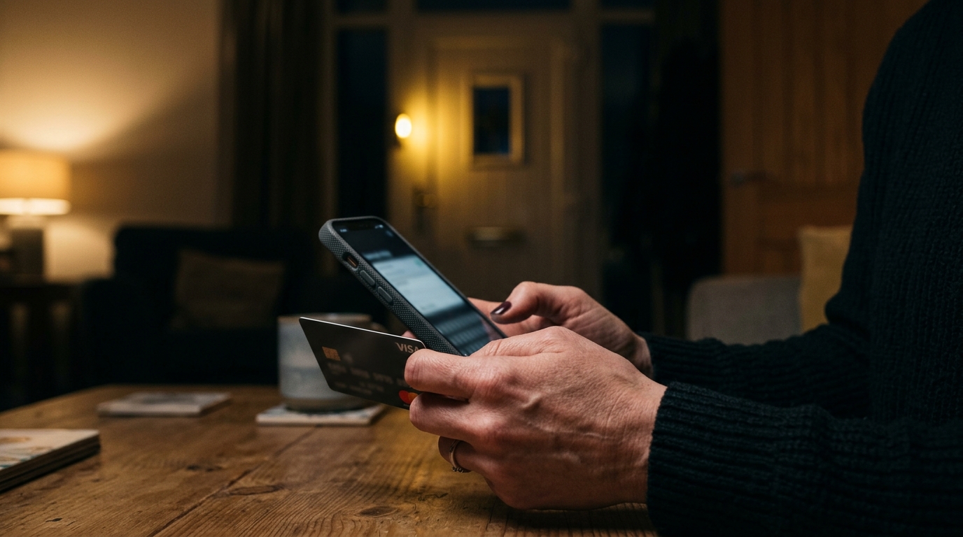 Mains tenant un smartphone et une carte bancaire le soir